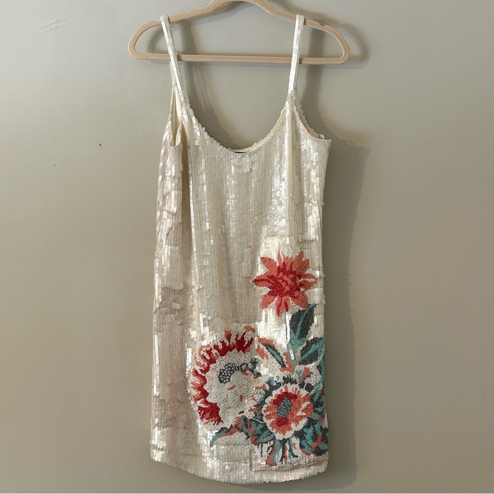 Parker Black Sequin Floral Slip Dress Ivory Beaded Size 4 - Picture 3 of 8